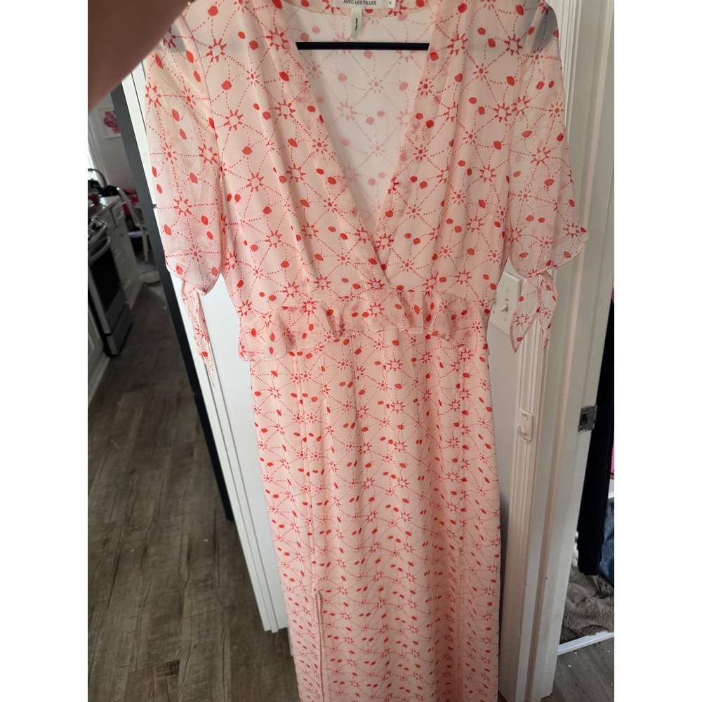 Avec Les Filles Pink Red‎ Sunburst Print Ruffle Maxi Dress Womens Size Small